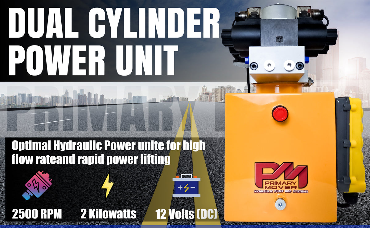 Primary Mover 12V Dual Double-Acting Hydraulic Power Unit: Compact, powerful solution for dump trailers and trucks, enabling four hydraulic actions simultaneously. Used for any truck or trailer application. 1/2 ton truck dump bed kit.