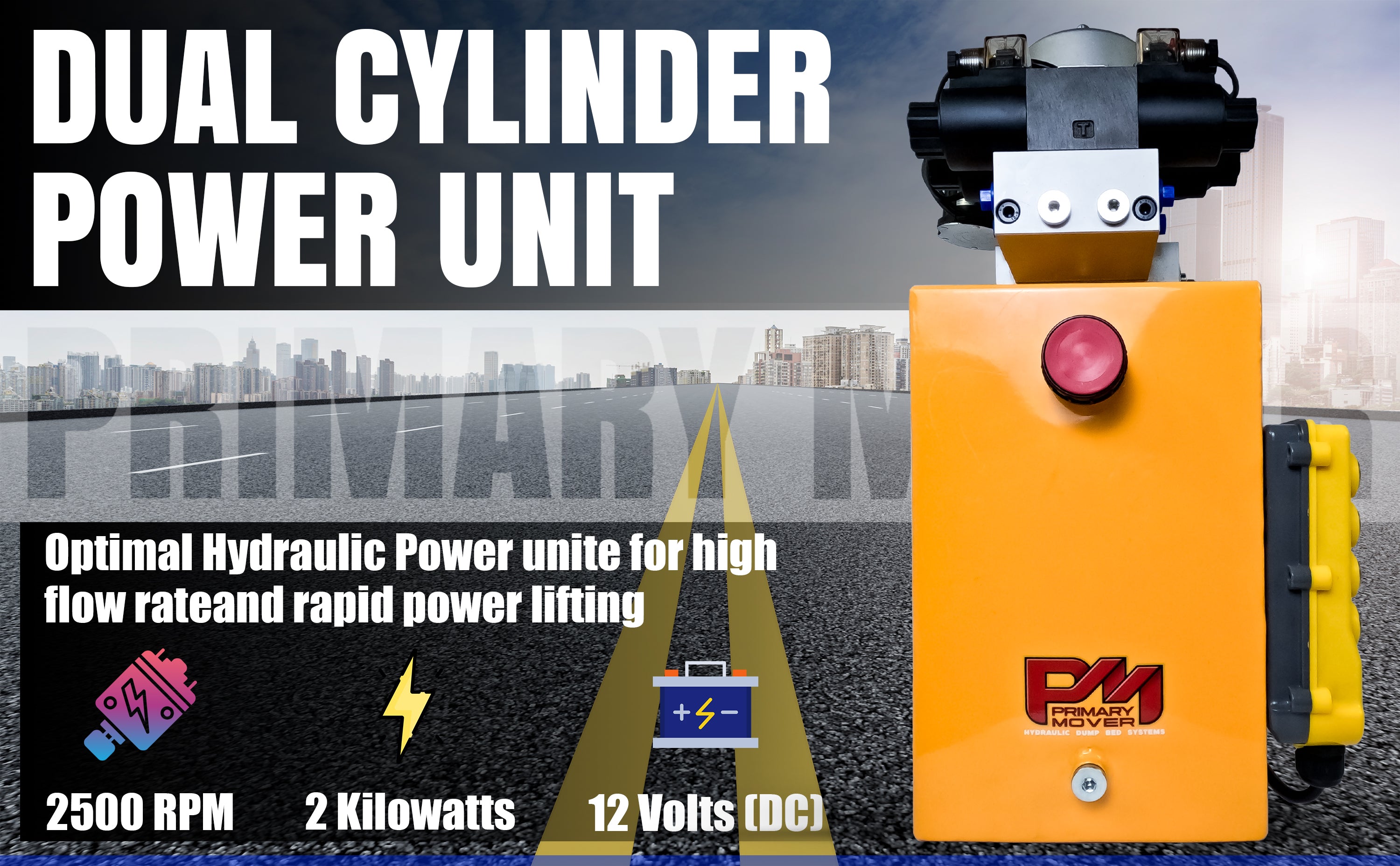 Primary Mover 12V Dual Double-Acting Hydraulic Power Unit: Compact, robust steel construction for dump trailers and trucks, enabling four hydraulic actions simultaneously. Used for any truck or trailer application. 1/2 ton truck dump bed kit.
