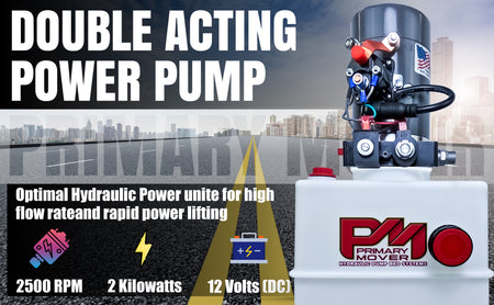 KTI 12V Double-Acting Hydraulic Pump with Poly Reservoir, featuring robust construction, dual-action functionality, and compact design, displayed with red and black text and buttons.