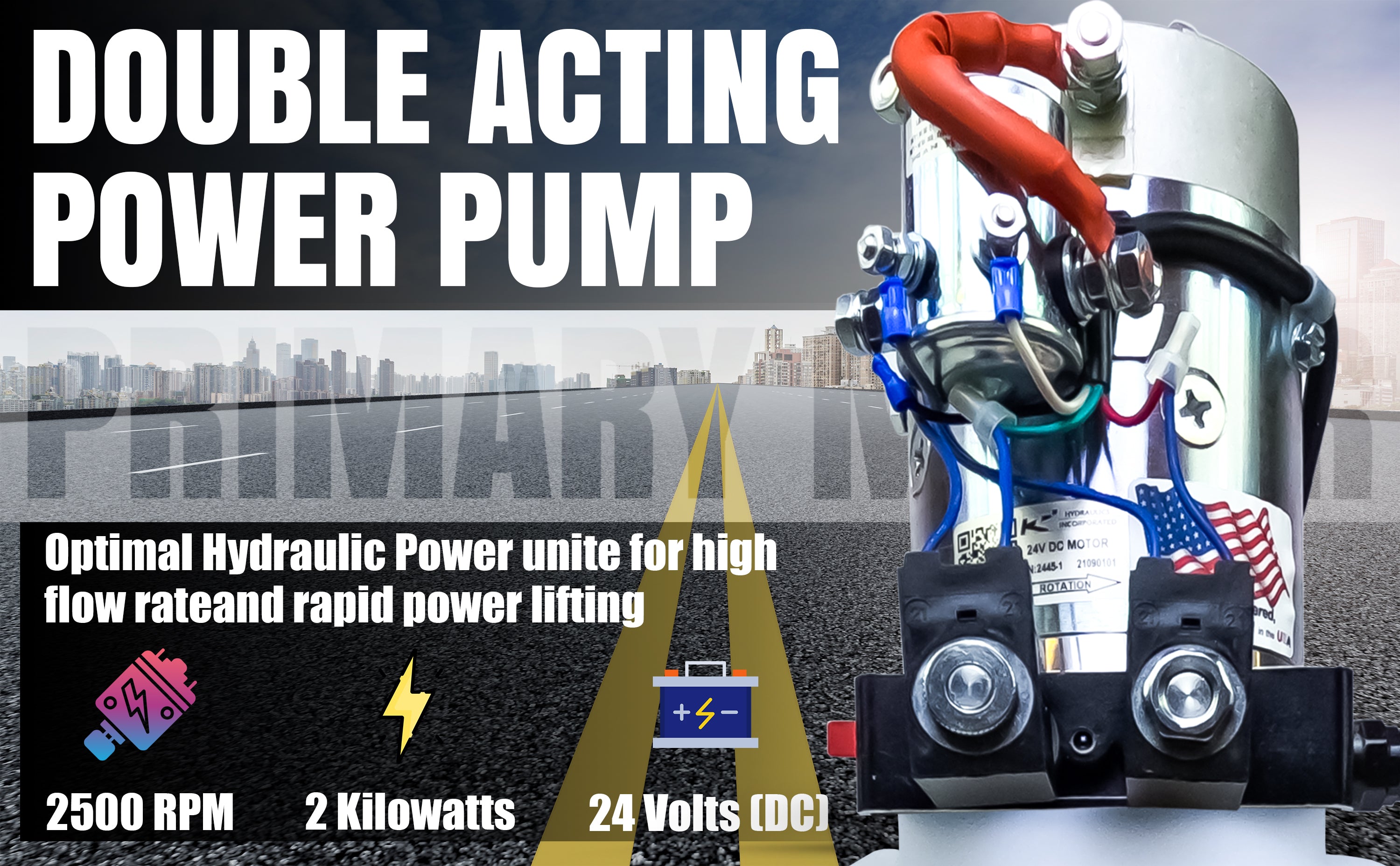 Close-up of the KTI 24Vdc Double Acting Hydraulic Power Unit, showcasing its compact design and robust construction, ideal for heavy-duty applications like dump trucks and trailers.