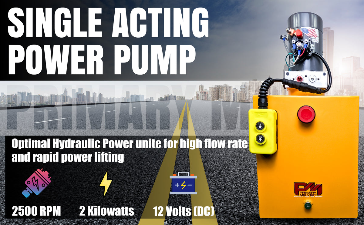 KTI 12V Single-Acting Hydraulic Pump - Steel Reservoir, featuring a compact design with control buttons and durable construction for efficient dump bed operation.