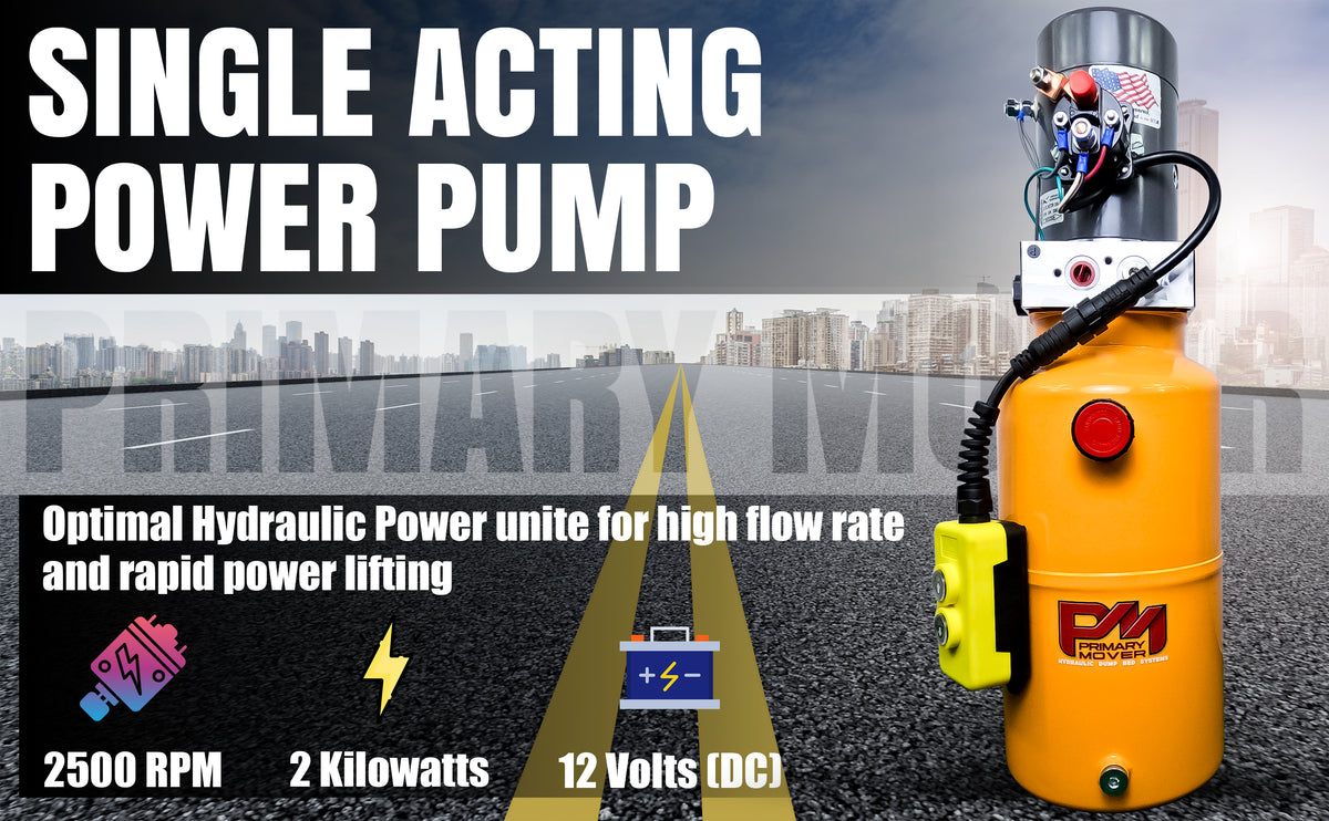 KTI 12V Single-Acting Hydraulic Pump with a steel reservoir, featuring a compact design and black cap, tailored for hydraulic dump bed systems.