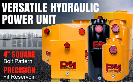 Hydraulic Power Unit Replacement Reservoir 24 Quart Steel, featuring multiple yellow and black steel containers, suitable for various hydraulic systems with plug and breather caps included.