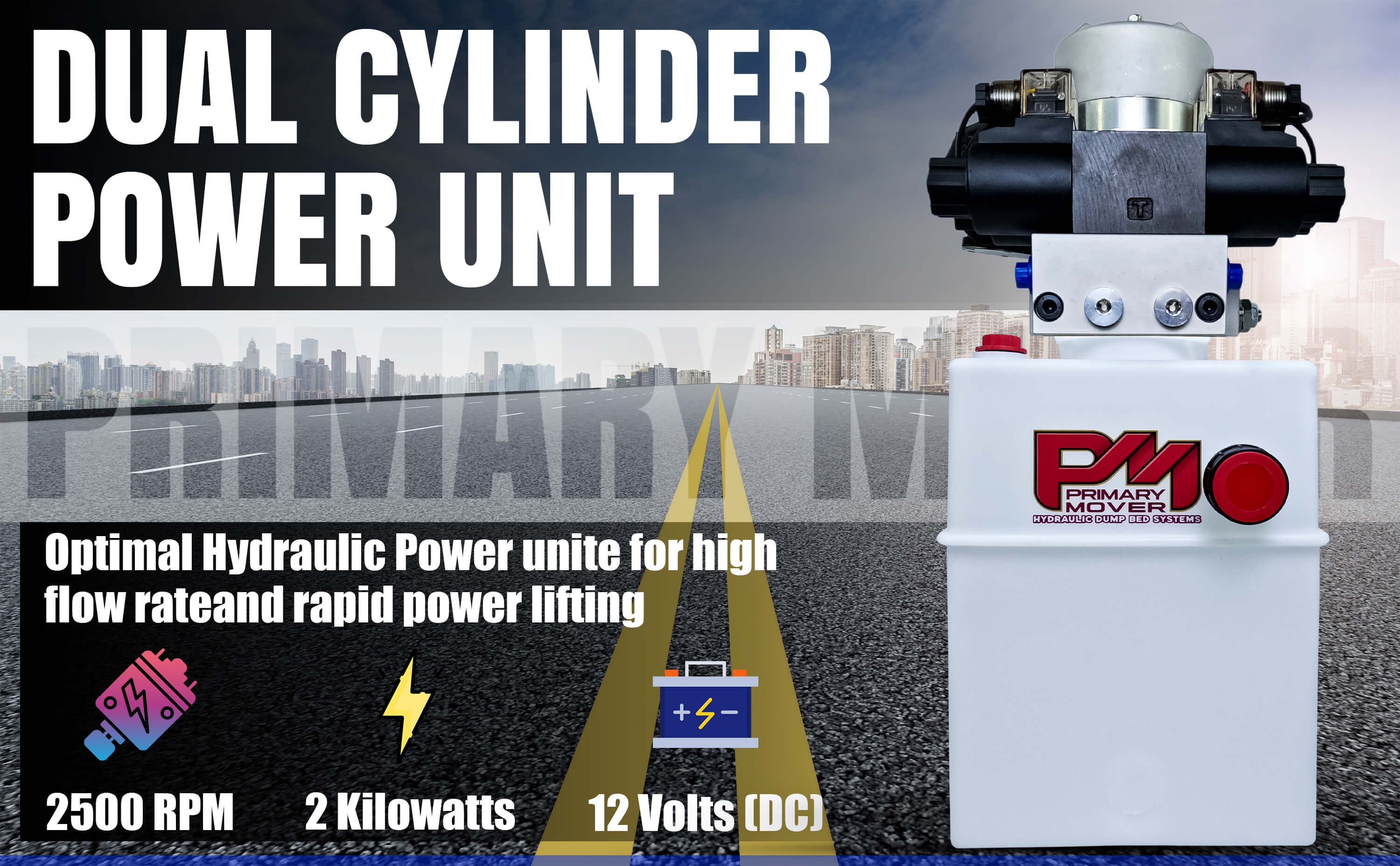 Primary Mover 12V Dual Double-Acting Hydraulic Dump Trailer Pump (Poly) on a road, featuring user-friendly controls and compact design for efficient hydraulic operations.