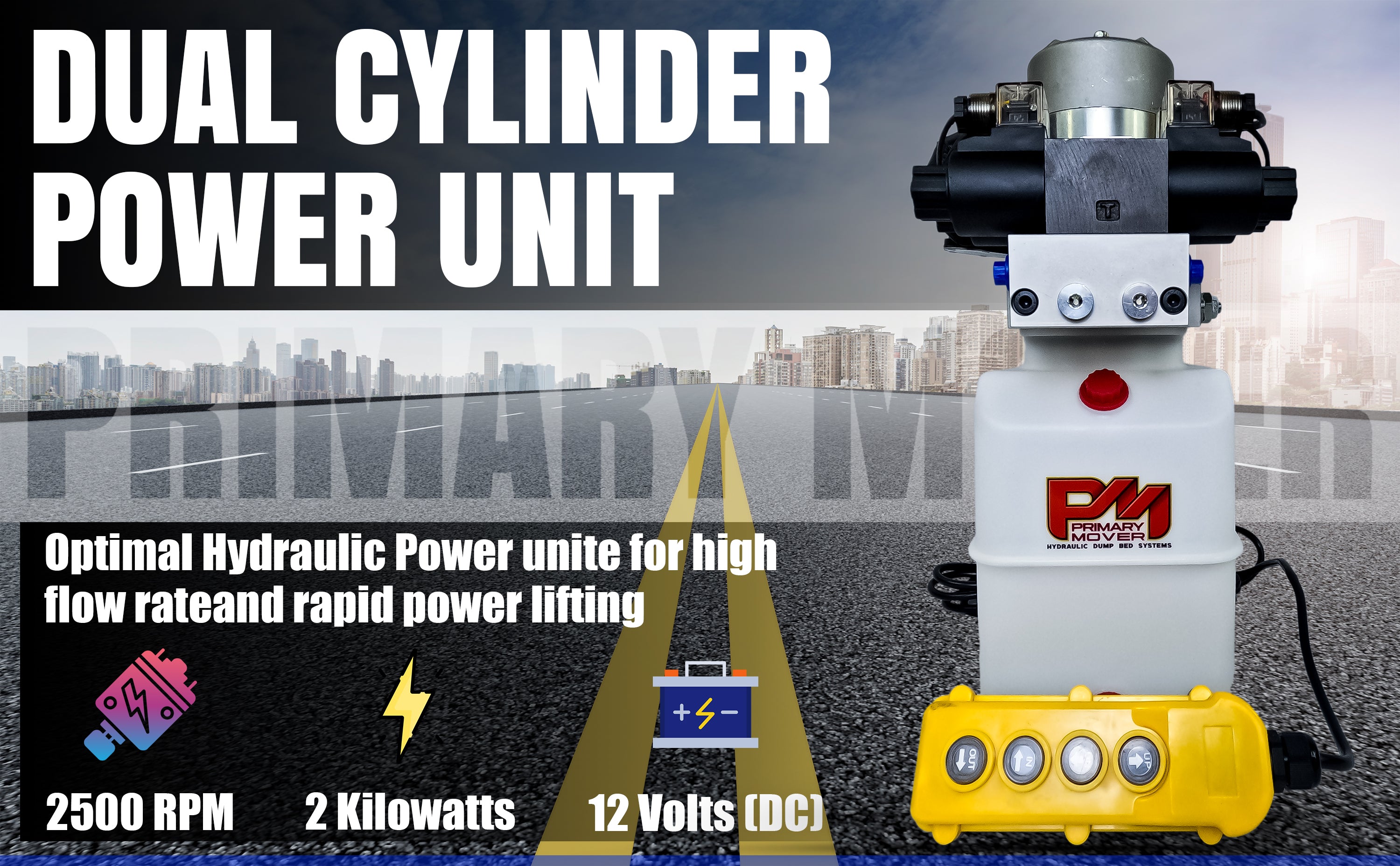 Primary Mover 12V Dual Double-Acting Hydraulic Power Unit in action on a road, showcasing quad power capability for dump trailers and trucks.