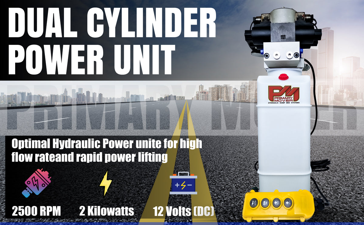 Primary Mover 12V Dual Double-Acting Hydraulic Dump Trailer Pump (Poly) on a road, showcasing compact design and user-friendly controls for versatile hydraulic operations.