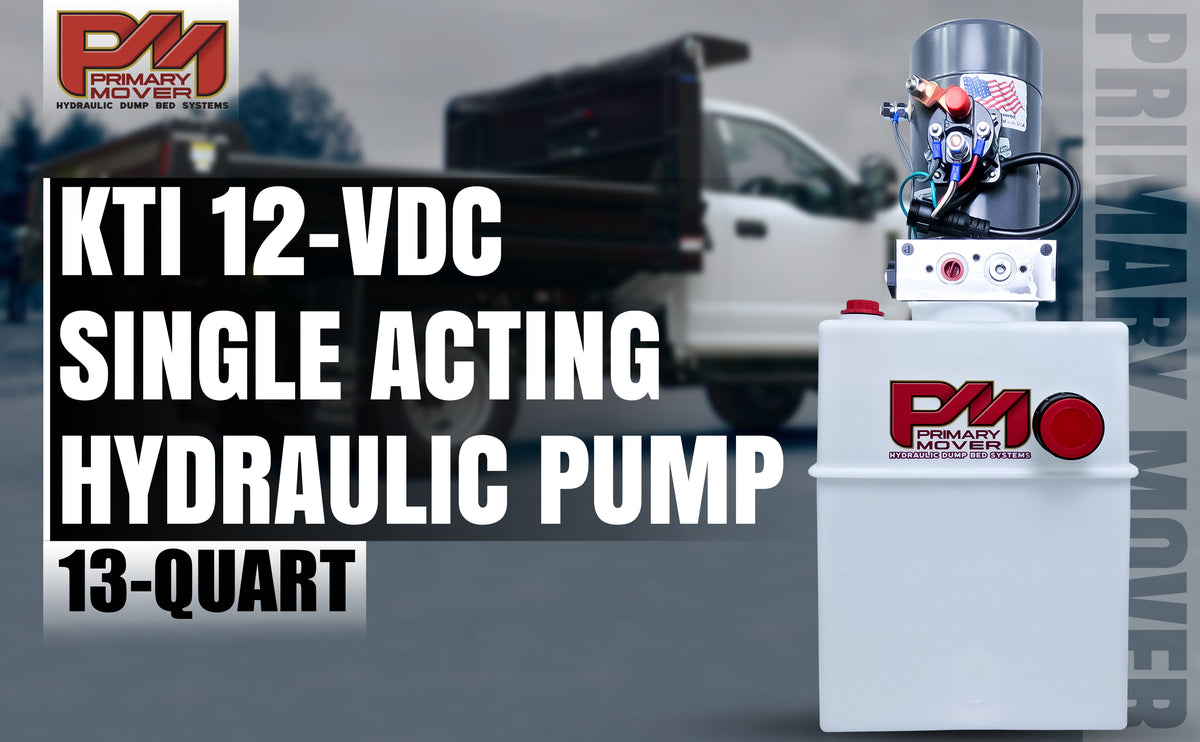 KTI 12V Single-Acting Hydraulic Pump - Poly Reservoir, featuring a compact white container with a red logo, designed for efficient hydraulic dump bed systems.