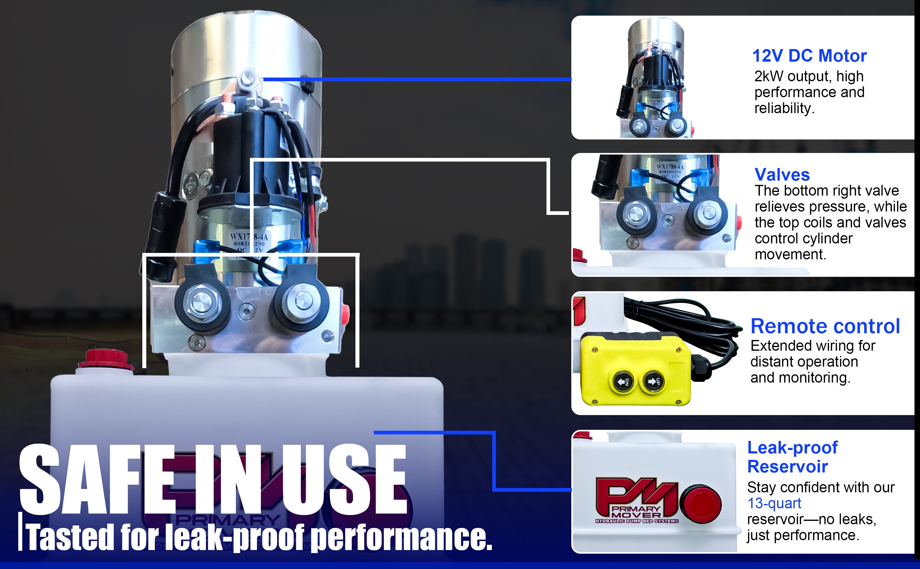 Close-up of DLH 12V Double-Acting Hydraulic Pump - Poly Reservoir, showing robust construction, hydraulic connections, and precision engineering for efficient dump bed operation.