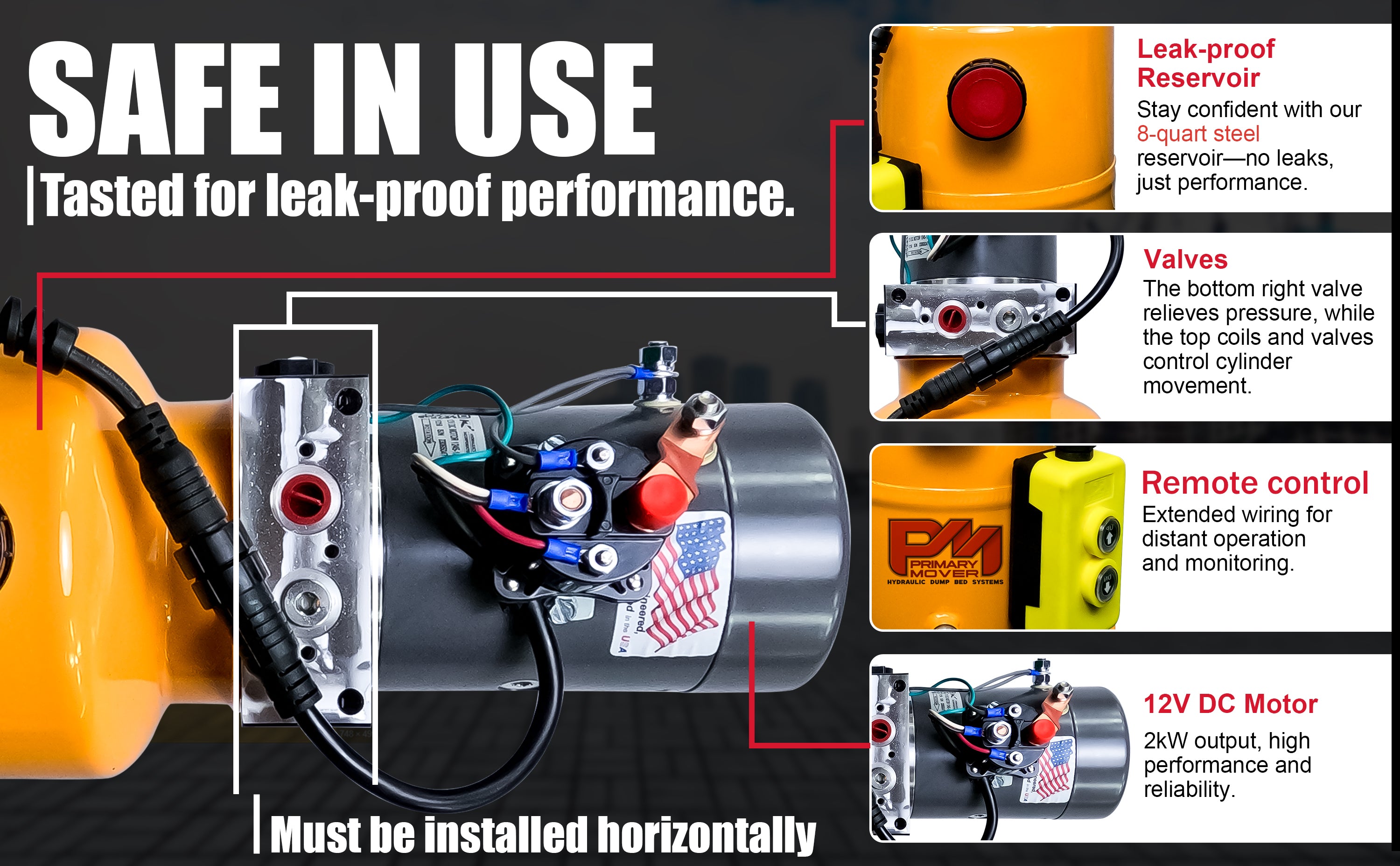 Close-up of KTI 12V Single-Acting Hydraulic Pump with steel reservoir, featuring a red button, yellow arrows, and compact, durable construction for hydraulic dump bed systems.