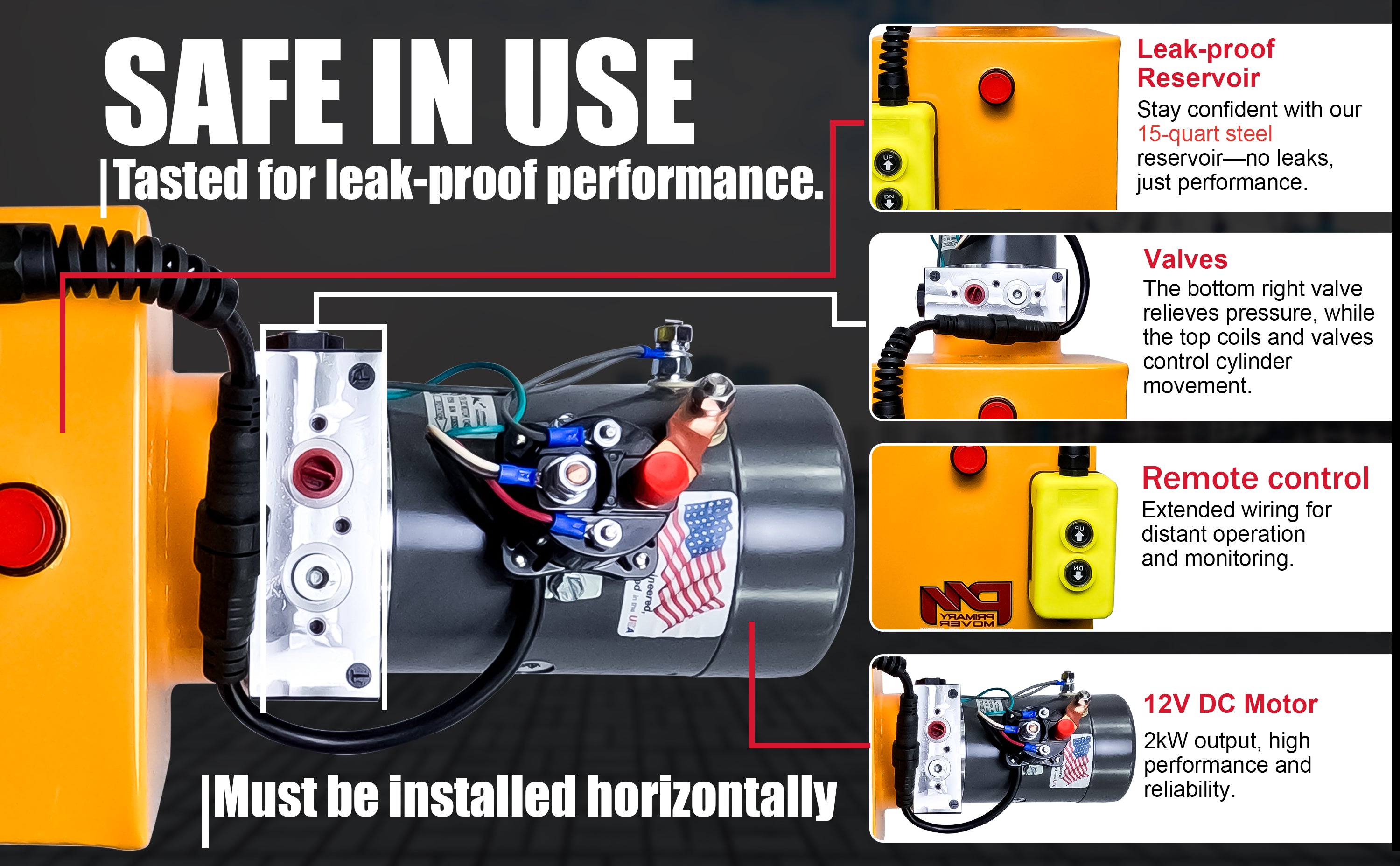 KTI 12V Single-Acting Hydraulic Pump - Steel Reservoir, close-up of machine with yellow control box and buttons, designed for efficient hydraulic dump bed systems.