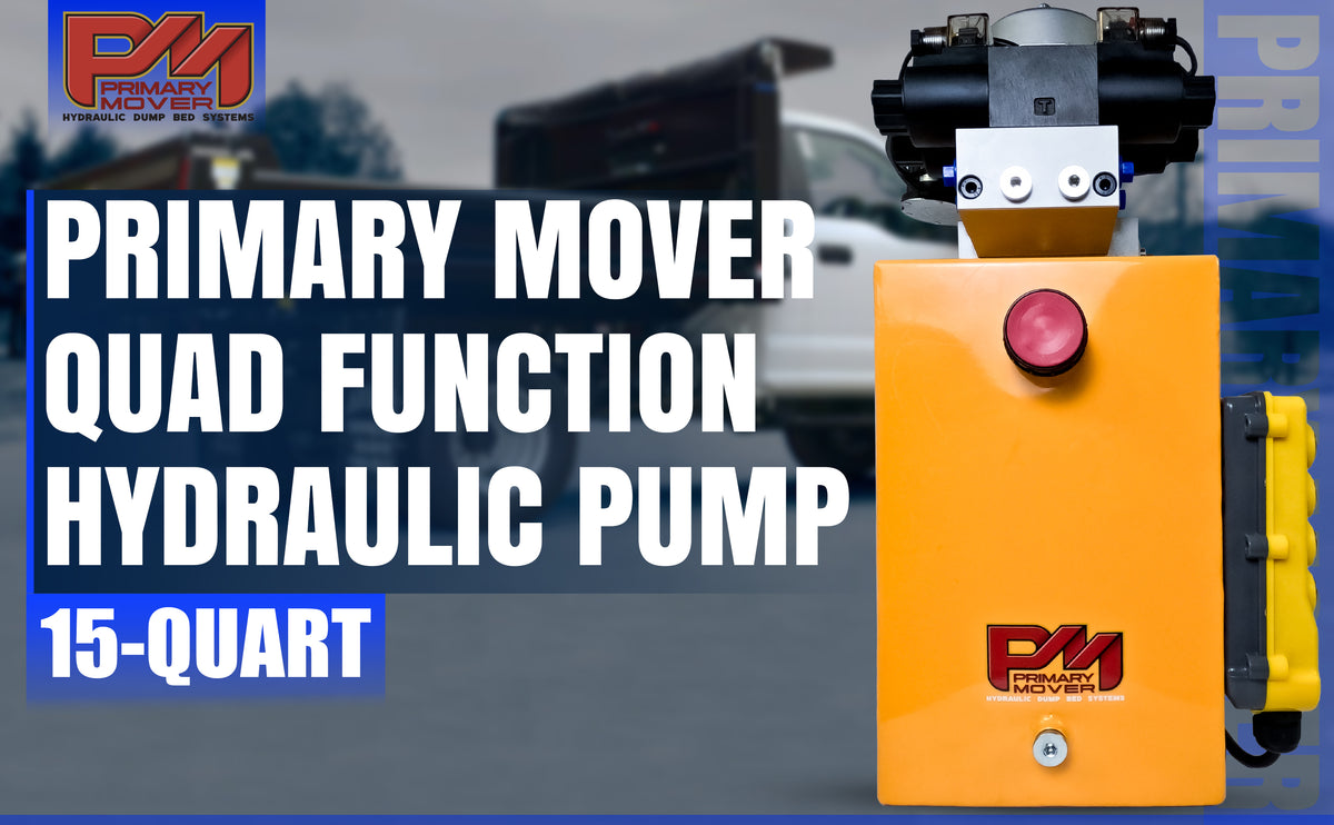 Compact and powerful Primary Mover 12V Dual Double-Acting Hydraulic Power Unit for dump trailers and trucks, enabling four hydraulic actions simultaneously. Used for any truck or trailer application. 1/2 ton truck dump bed kit.