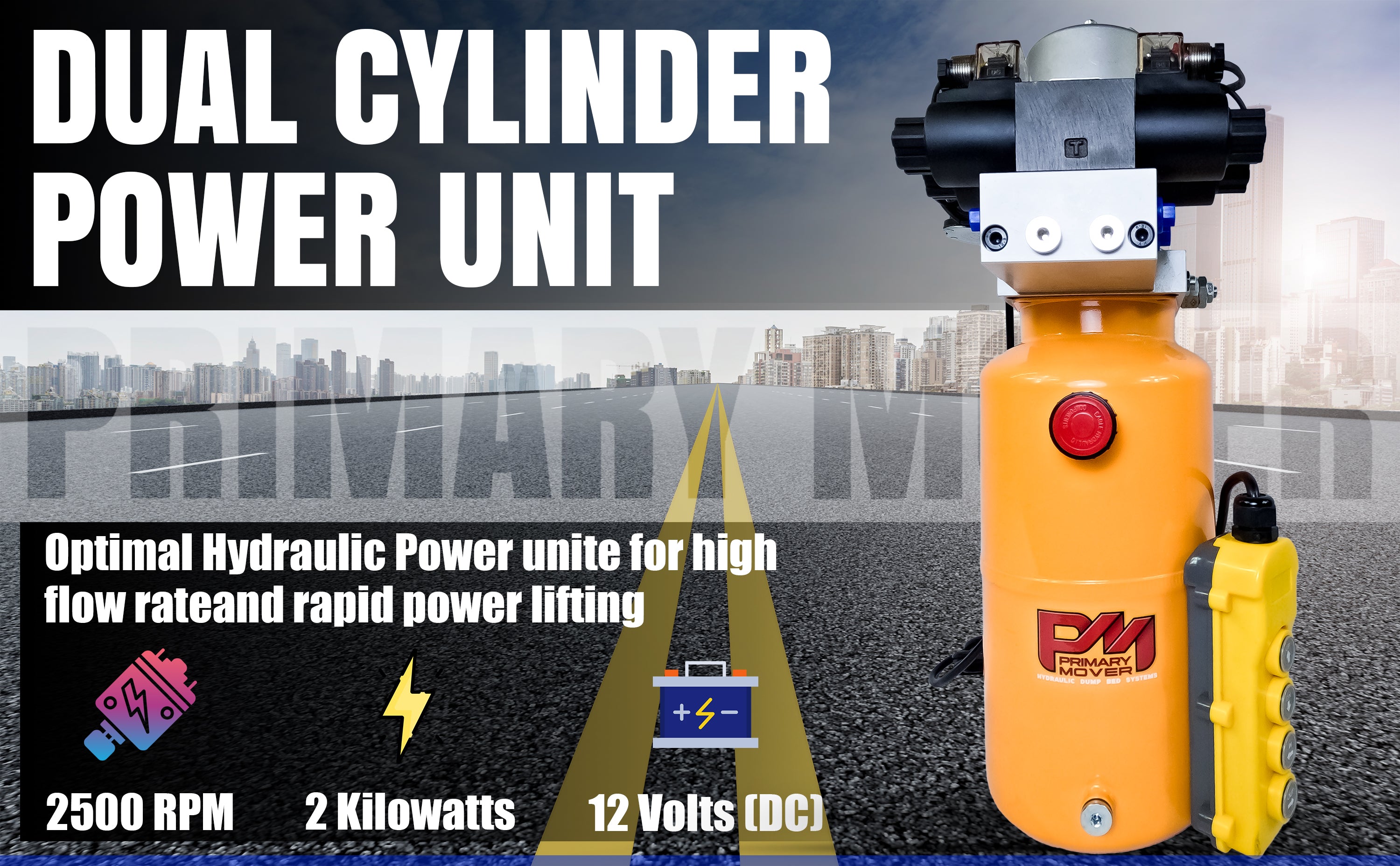 Compact and powerful Dual Double-Acting Hydraulic Power Unit from Primary Mover, ideal for dump trailers and trucks, enabling four hydraulic actions simultaneously. Used for any truck or trailer application. 1/2 ton truck dump bed kit.