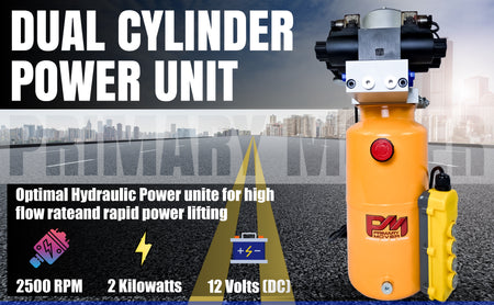 Compact and powerful Dual Double-Acting Hydraulic Power Unit from Primary Mover, ideal for dump trailers and trucks, enabling four hydraulic actions simultaneously. Used for any truck or trailer application. 1/2 ton truck dump bed kit.