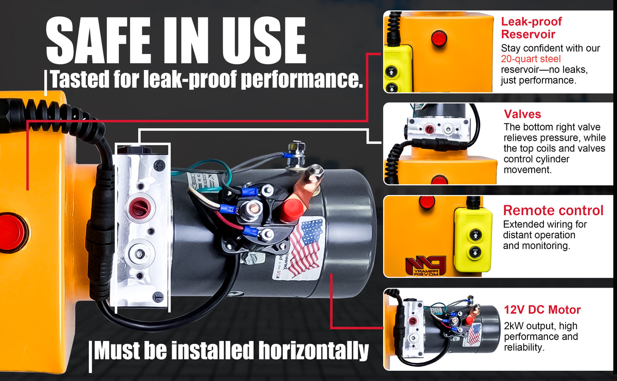 Close-up of the KTI 12V Single-Acting Hydraulic Pump with steel reservoir, showcasing its control buttons and robust construction designed for hydraulic dump bed systems.