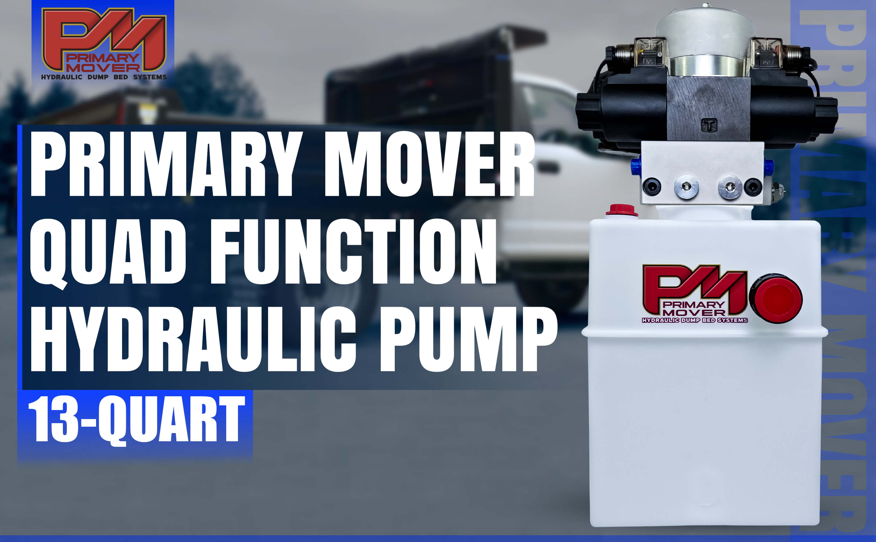 Primary Mover 12V Dual Double-Acting Hydraulic Dump Trailer Pump (Poly), compact white machine with red text, designed for efficient hydraulic operations in dump trailers and trucks.