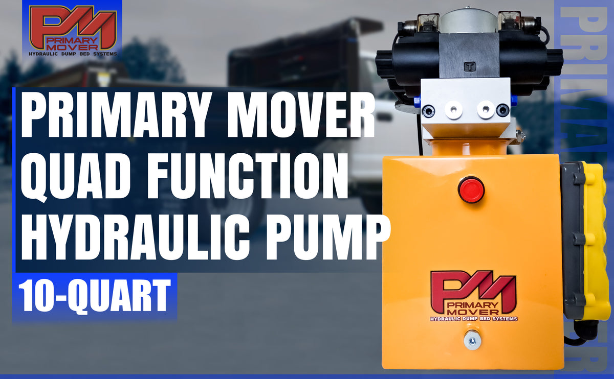 Primary Mover 12V Dual Double-Acting Hydraulic Power Unit: Compact, powerful steel unit for dump trailers and trucks, enabling four hydraulic actions simultaneously. Used for any truck or trailer application. 1/2 ton truck dump bed kit.