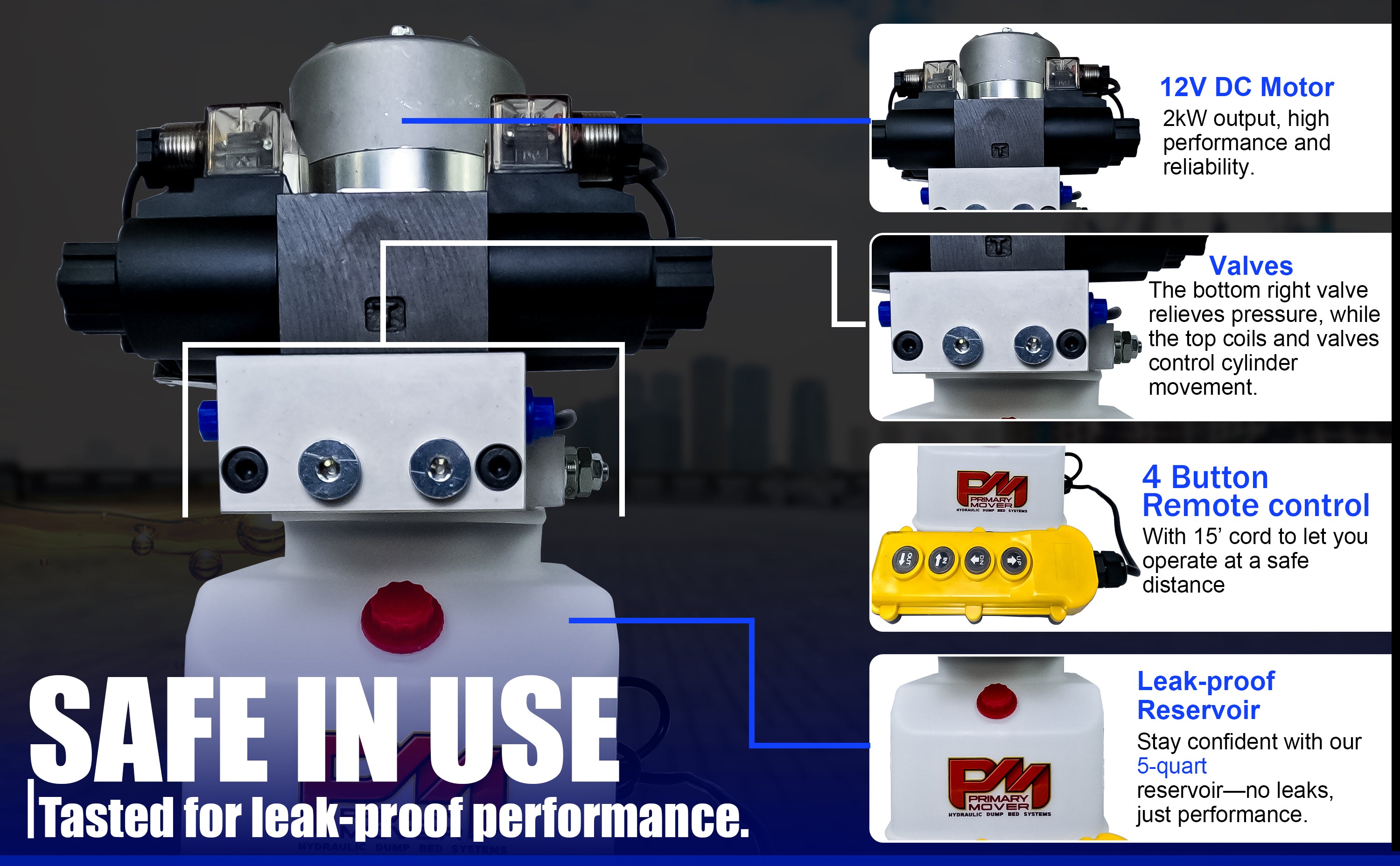 Close-up of a compact Dual Double Hydraulic Power Unit from Primary Mover, enabling four hydraulic actions simultaneously for dump trailers and trucks.