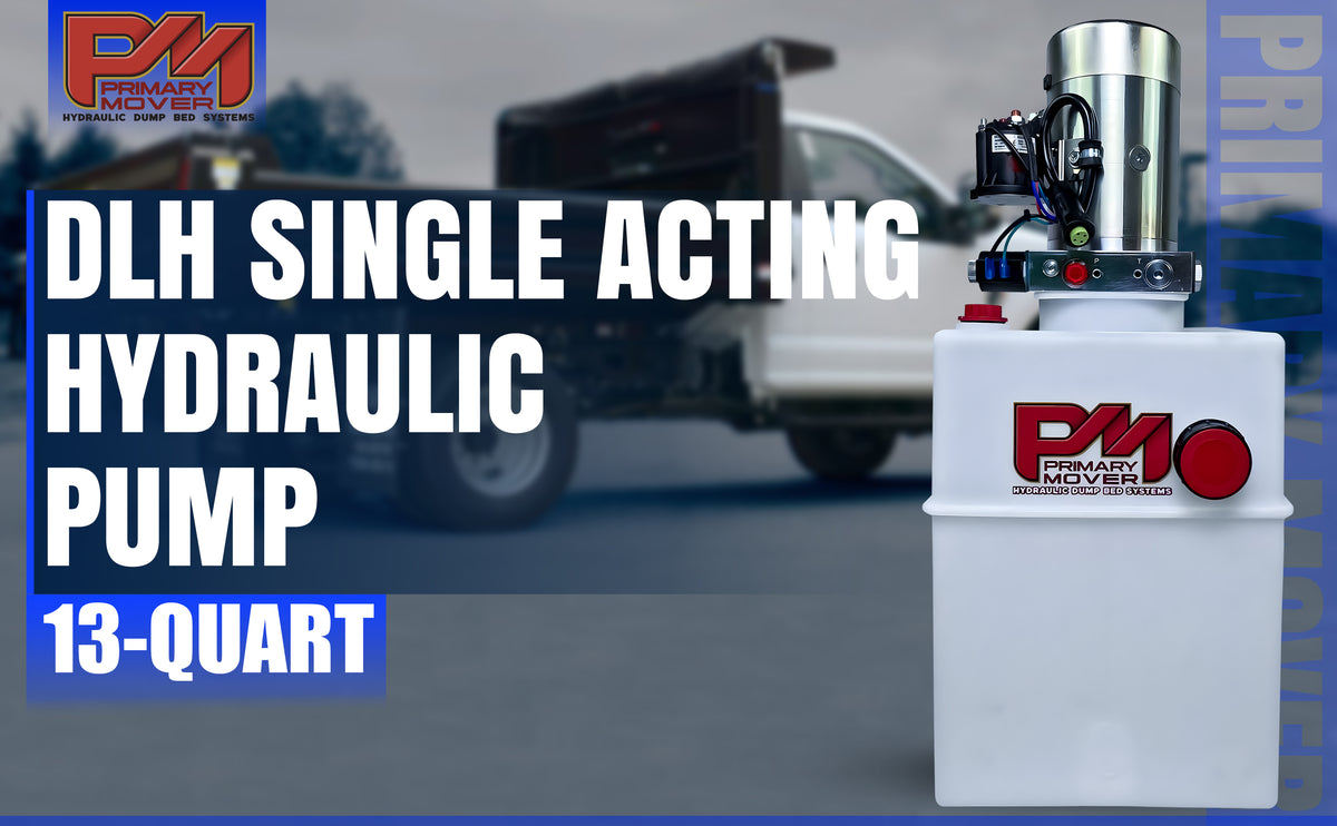 DLH 12V Single-Acting Hydraulic Pump with Poly Reservoir, featuring a compact white container and attached machine for efficient hydraulic power in dump bed trailers and trucks.