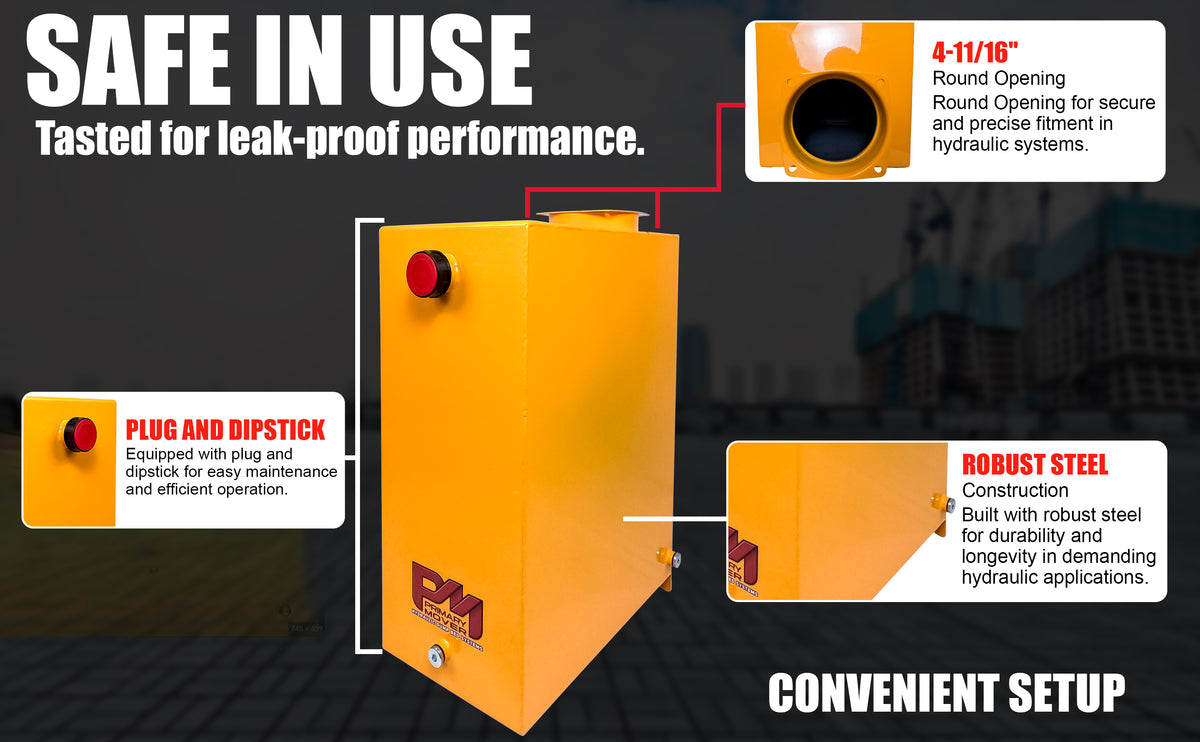 Hydraulic Power Unit Replacement Reservoir 24 Quart Steel featuring a yellow rectangular design with red buttons and a 4-11/16 round opening for hydraulic systems.