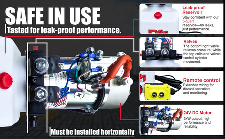 KTI 24Vdc Double Acting Hydraulic Power Unit with poly reservoir, featuring visible motor, control panel, and hydraulic components for dump trucks and trailers.