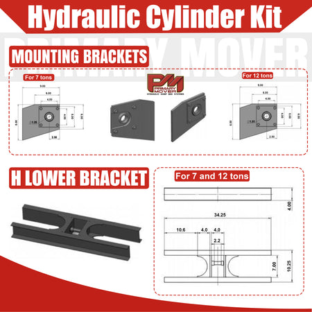 Alt text: Diagram of the Telescopic Dump Trailer Cylinder Kit - 20 Ton Capacity - 90 Stroke - Fits 10-12' Dump Body, showing hydraulic components and mounting brackets.