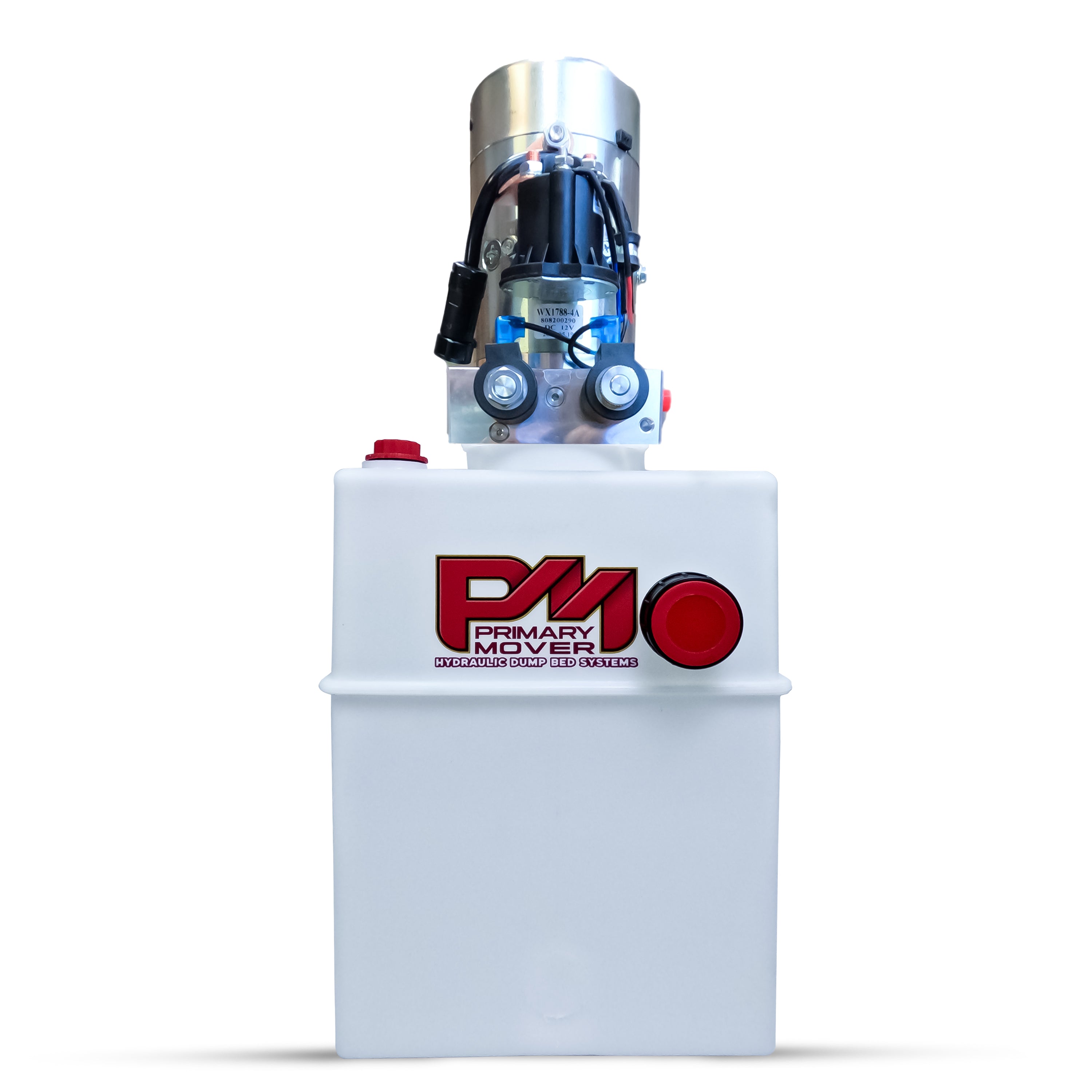 DLH 12V Double-Acting Hydraulic Pump with Poly Reservoir, featuring a white container, red buttons, and a cylinder, designed for efficient hydraulic dump bed operation.