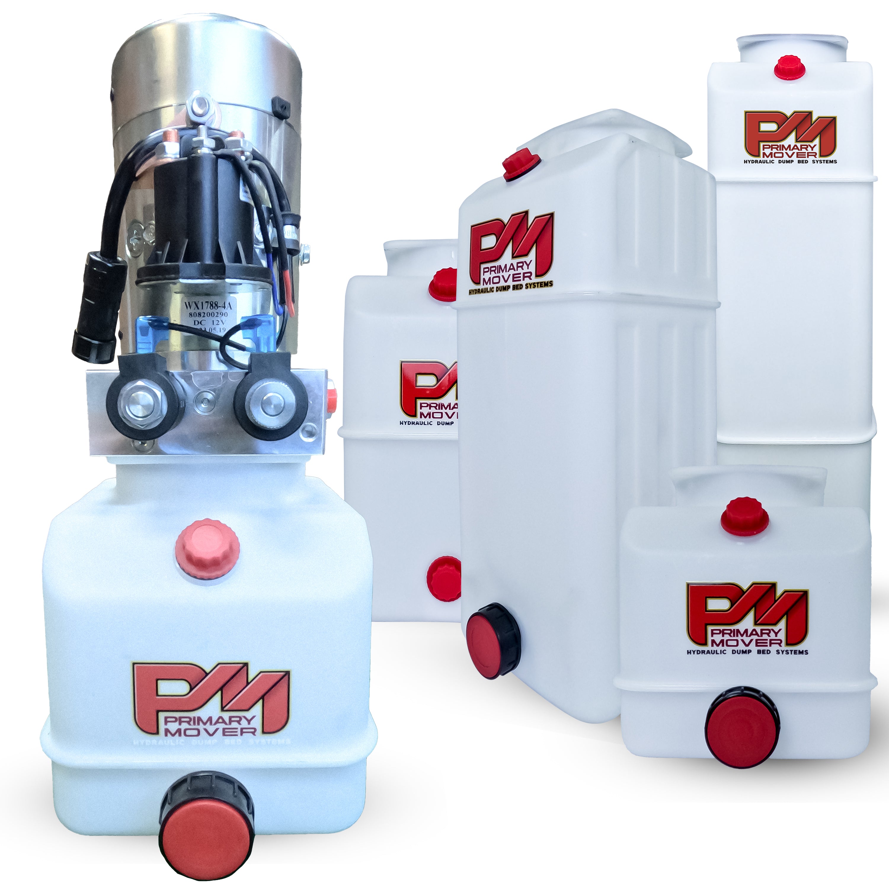 DLH 12V Double-Acting Hydraulic Pump with Poly Reservoir, shown with white containers, red labels and lids, designed for efficient hydraulic dump bed operation.