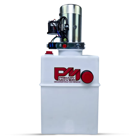 DLH 12V Single-Acting Hydraulic Pump - Poly Reservoir, featuring a white container with a silver cylinder and red buttons, designed for efficient hydraulic power.