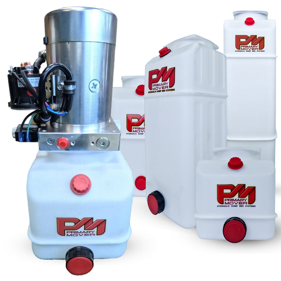 DLH 12V Single-Acting Hydraulic Pump - Poly Reservoir, featuring white plastic containers with red lids, designed for efficient and durable hydraulic power in various applications.