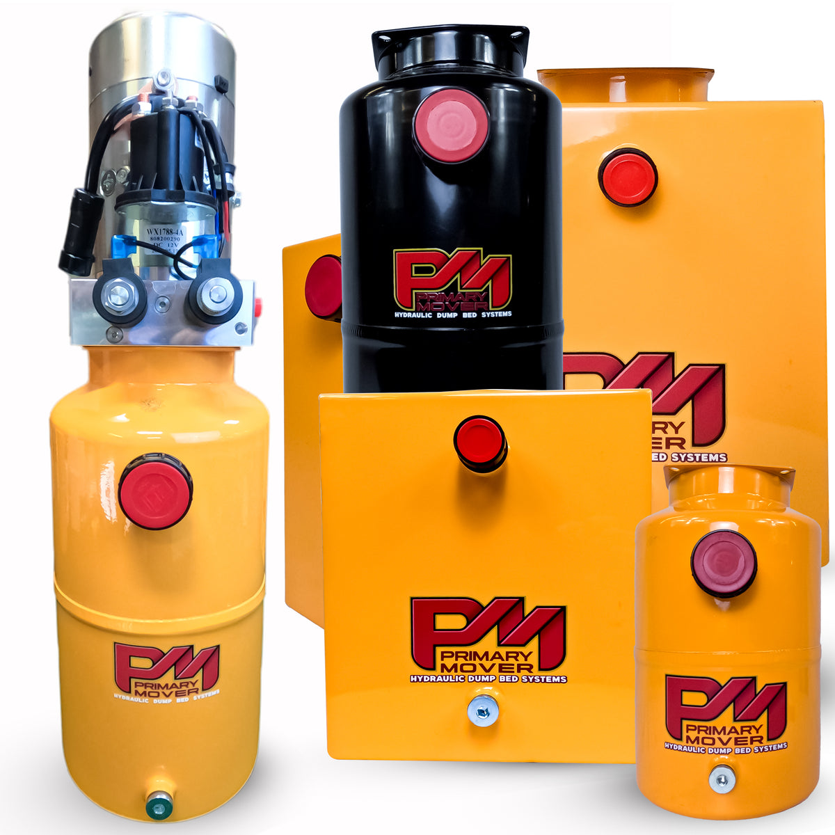 DLH 12V Double-Acting Hydraulic Pump - Steel Reservoir with yellow and black containers, featuring a red button and robust construction for efficient hydraulic operations.