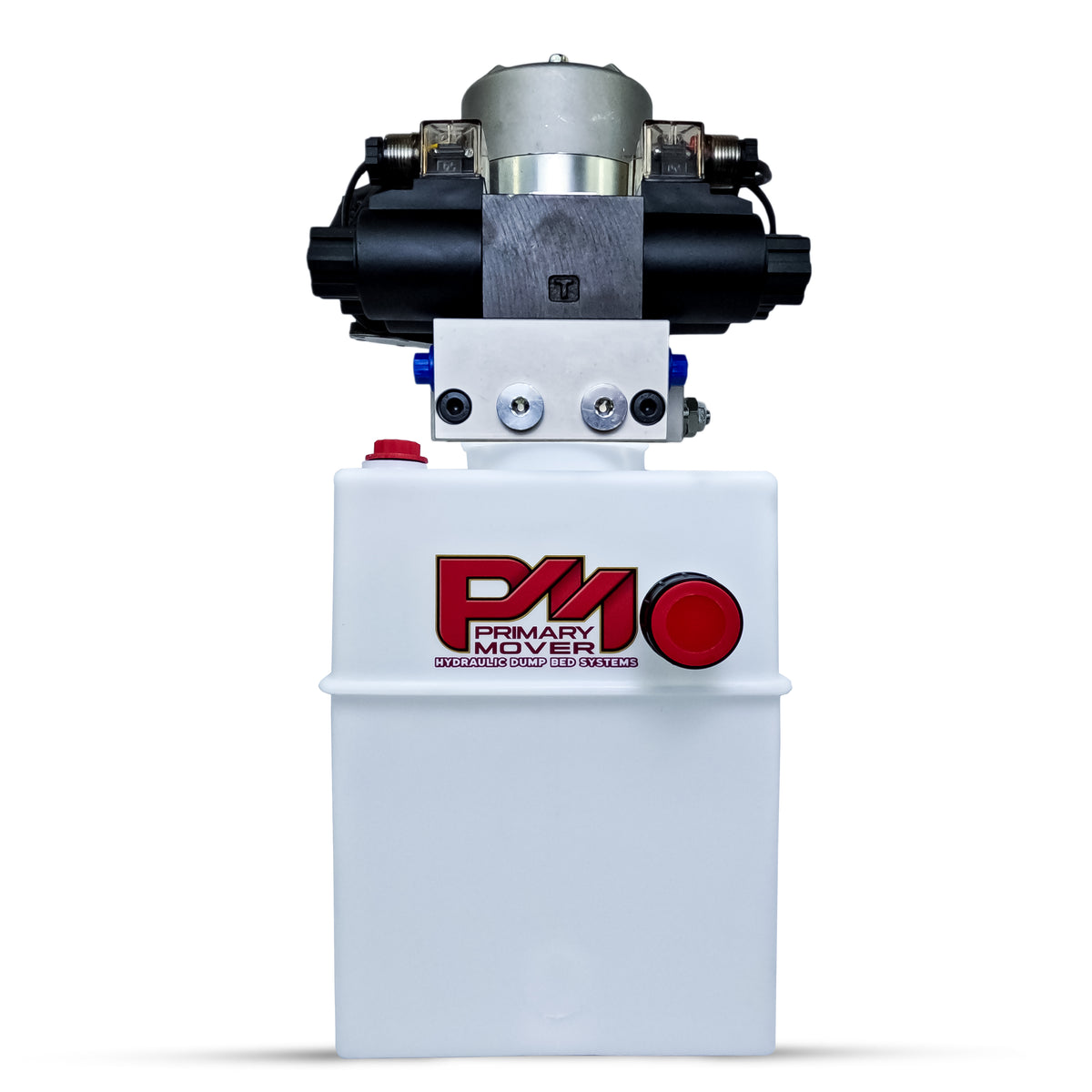 Primary Mover 12V Dual Double-Acting Hydraulic Power Unit | Poly, featuring a white box with red buttons and a black and silver valve.