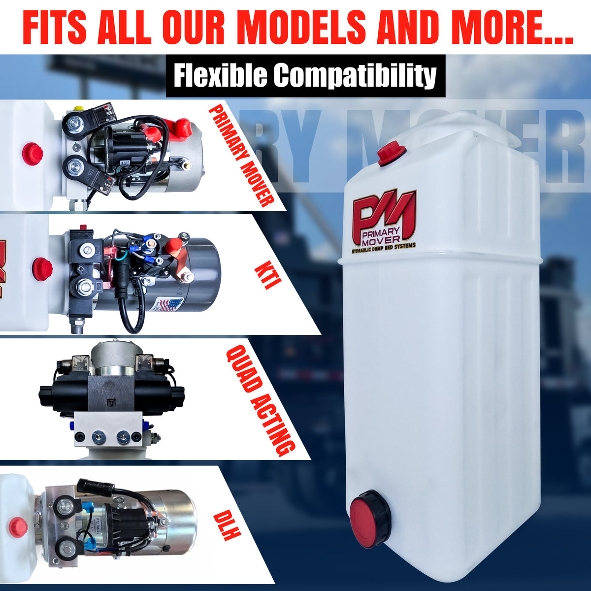 A 6-quart poly hydraulic reservoir tank with plug and breather caps, designed for various hydraulic systems. Dimensions: 13 L x 7 W x 8.0 H.