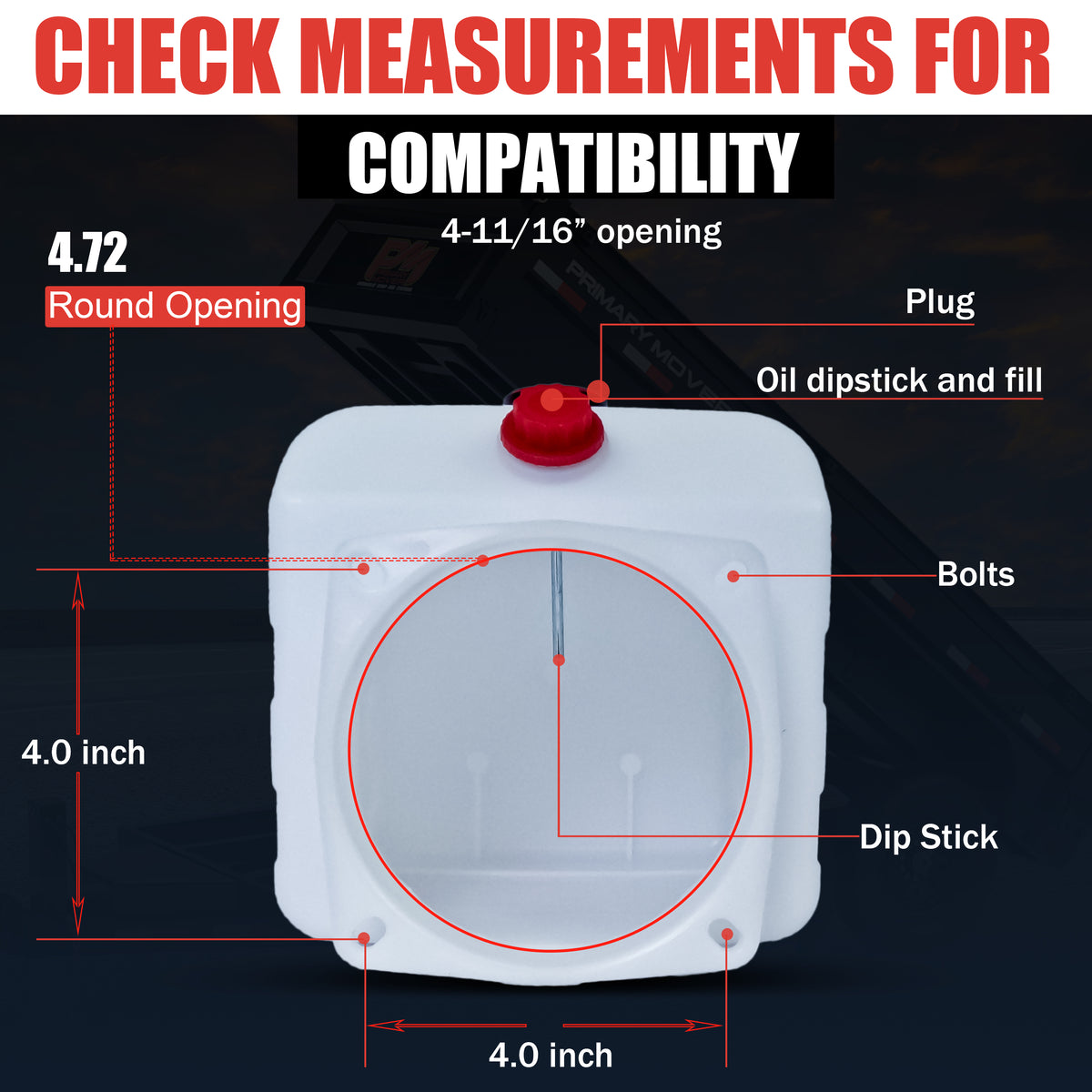 6 Quart Poly Hydraulic Reservoir Tank with plug and breather caps, precise measurements for hydraulic systems, ideal for various applications. Dimensions: 13L x 7W x 8.0H.