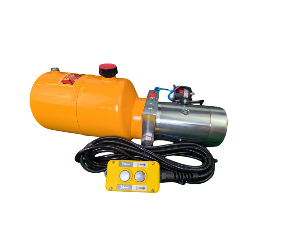 DLH 12V Single-Acting Hydraulic Pump with Steel Reservoir, featuring a yellow machine with buttons and wires, ideal for dump bed trailers and trucks.