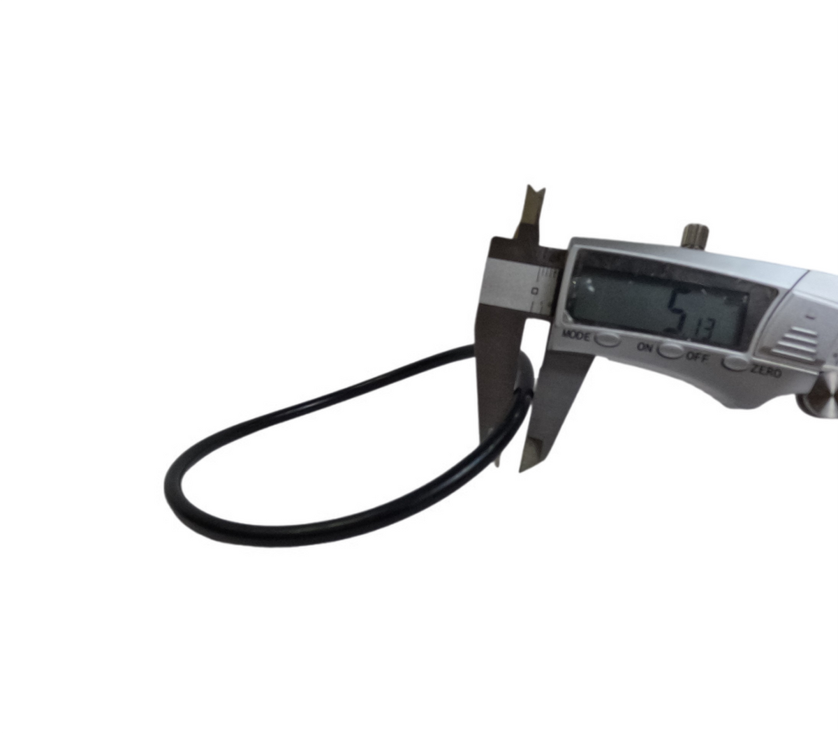 Digital caliper with a wire, used for measuring 5mm O-Rings for Primary Mover hydraulic pumps, ensuring a secure and leak-proof fit.