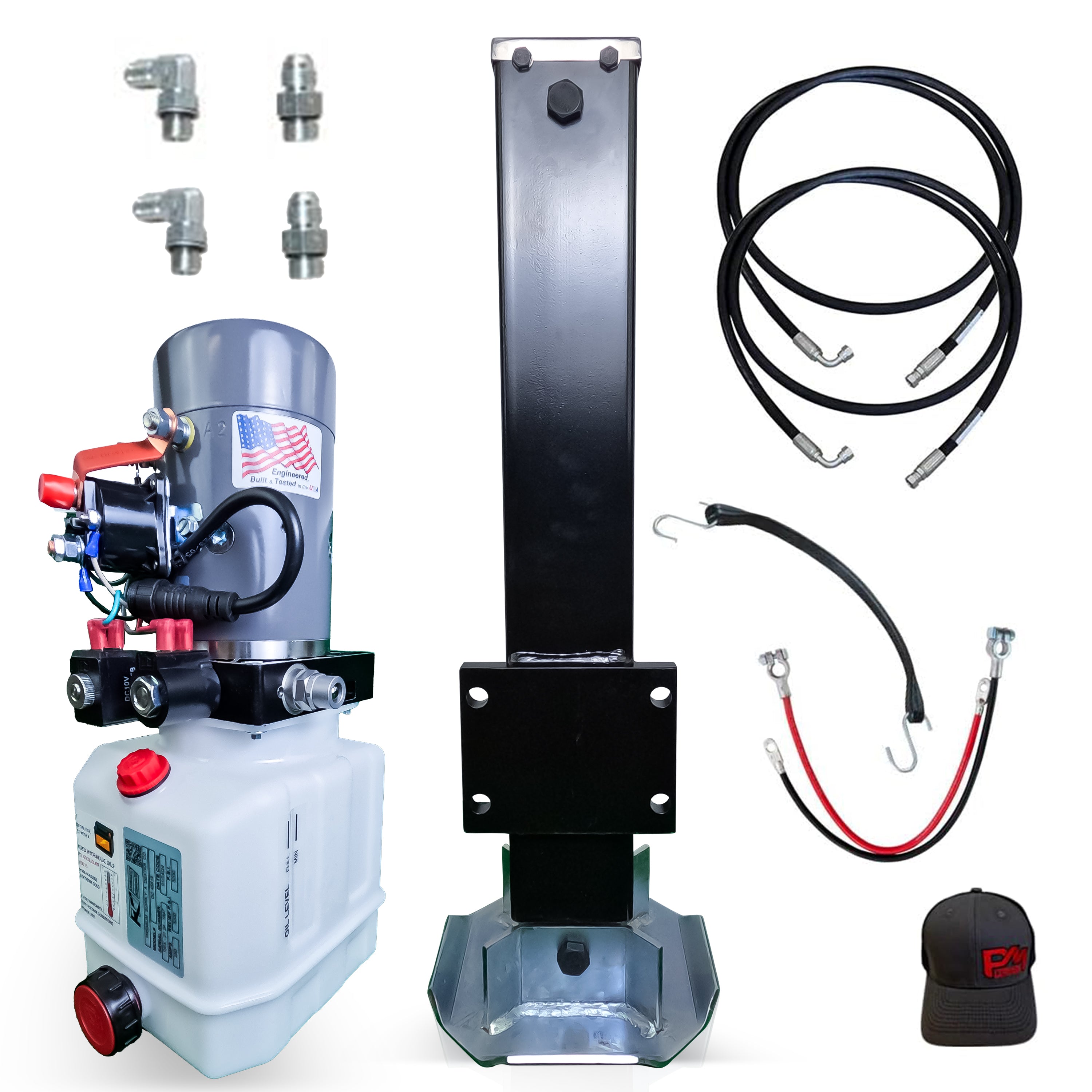 12k Single Hydraulic Trailer Jack Leg Kit Weld On or Bolt On featuring a robust metal frame, hydraulic system, load holding valve, and zinc-plated components for durable towing.