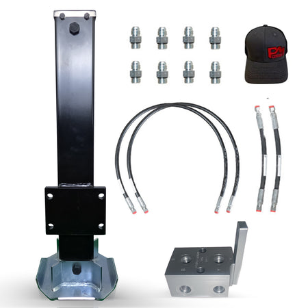 12k Single Hydraulic Trailer Jack Add-On Kit Weld On or Bolt On featuring a robust black metal post with hydraulic hoses and metal parts for durable towing.