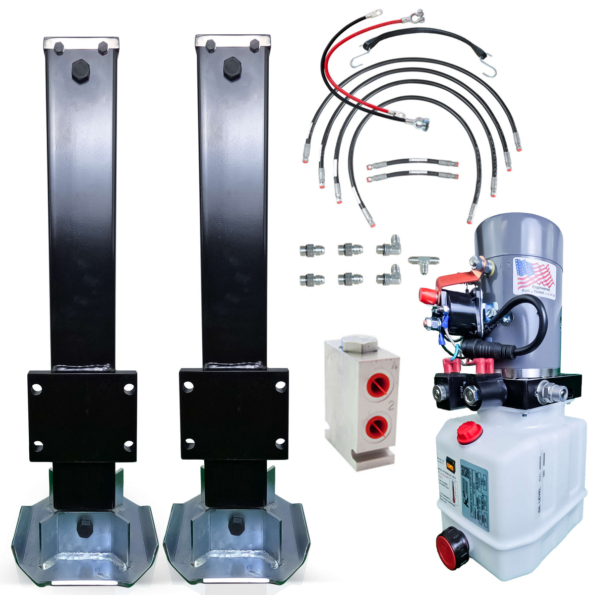 24k Double Hydraulic Trailer Jack Leg Kit Weld On or Bolt On with black rectangular parts, red and black cables, and white hydraulic components.