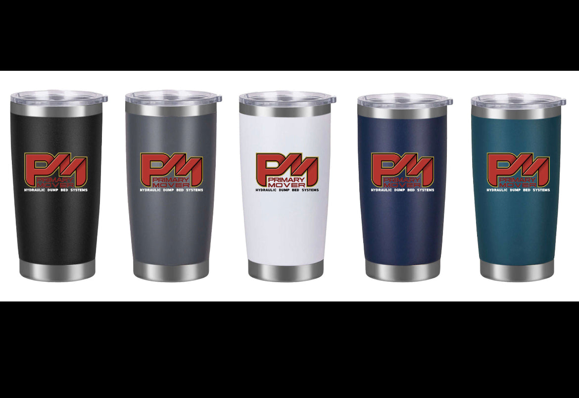 A collection of custom logo tumblers in various colors: white, blue, black, and grey with red text. Includes red and black and red and blue logos.