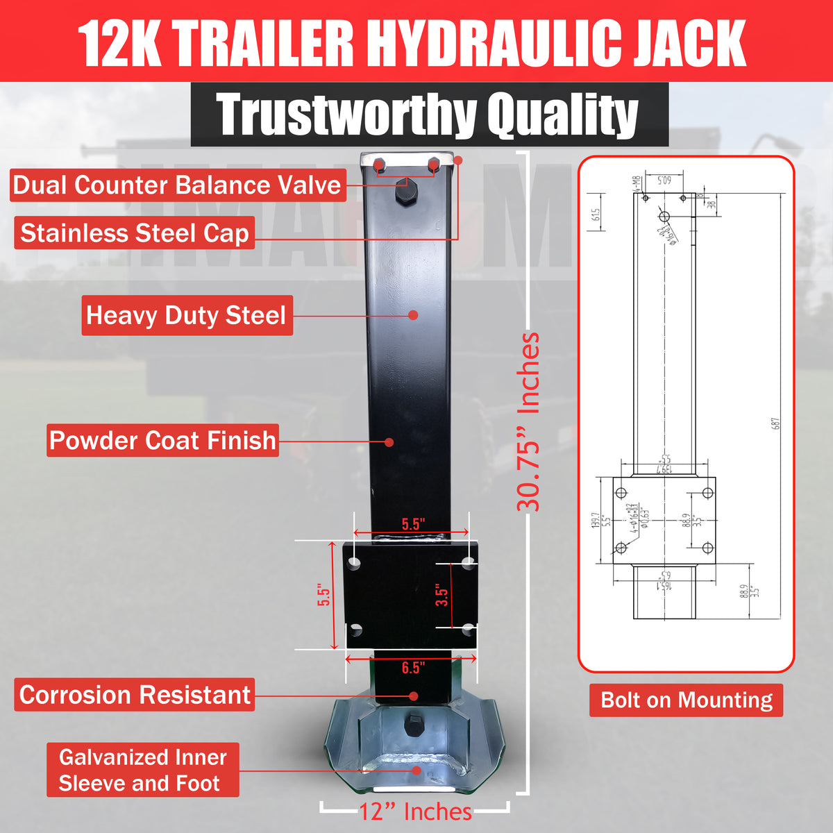 Diagram of a 12k Hydraulic Trailer Jack, showcasing its powerful hydraulic system, load holding valve, and adjustable height for convenient, stable towing.