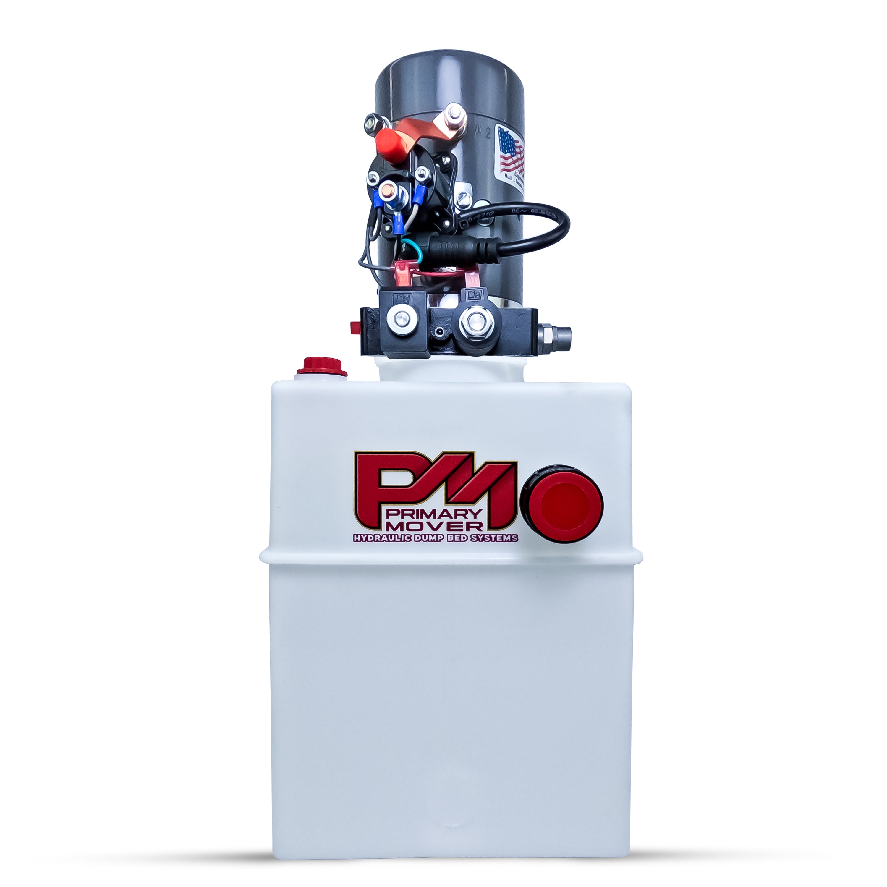 KTI 12V Double-Acting Hydraulic Pump - Poly Reservoir, featuring a white container with red buttons, silver cylinder, and compact design for efficient hydraulic dump bed systems.