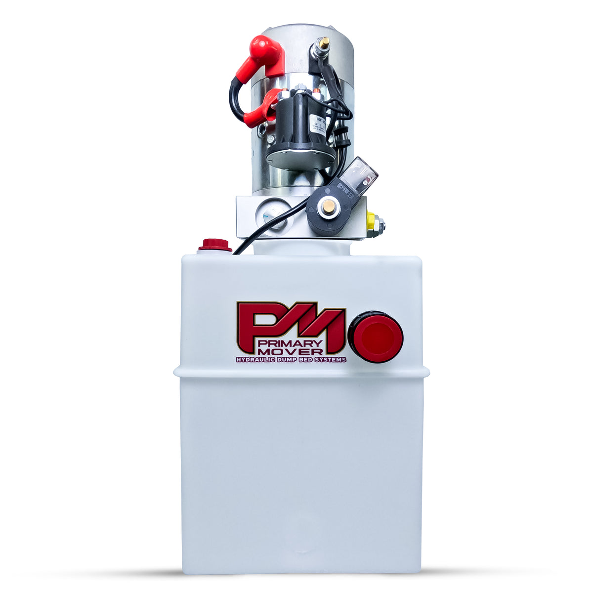 Primary Mover 12V Single-Acting Hydraulic Pump with Poly Reservoir, featuring red buttons, a cylinder, and a logo, designed for efficient hydraulic dump bed systems.