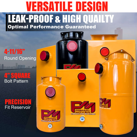 A group of yellow containers with red buttons, including a yellow cylinder with a red cap, and a red and black bottle. Product: 8 Quart Metal Round Hydraulic Reservoir Tank for hydraulic systems. Durable steel construction with plug and breather caps.