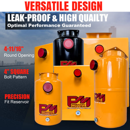 A group of yellow containers with red buttons, showcasing a 10 Quart Metal Square Hydraulic Reservoir Tank for hydraulic pumps. Robust steel construction, precise measurements, and plug and breather caps included for versatile applications.