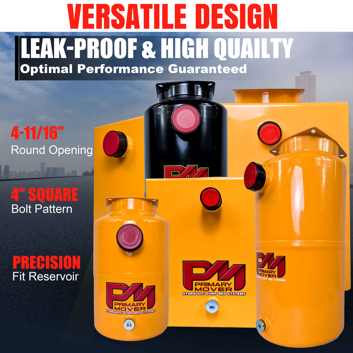 A 20-quart steel hydraulic reservoir tank with a square shape, featuring a round opening and bolt pattern for precise fitment in various hydraulic systems. Durable steel construction ensures long-lasting performance. Dimensions: 15.5 L x 13.5 W x 9.5 H. Plug and breather caps included for convenience.