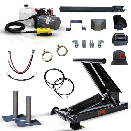 Hydraulic Scissor Hoist Kit - 3 Ton Capacity - Fits 8-10' Dump Body | PF-310: A collage of a reliable and durable machine with cables, a sticker, and a red and yellow logo.