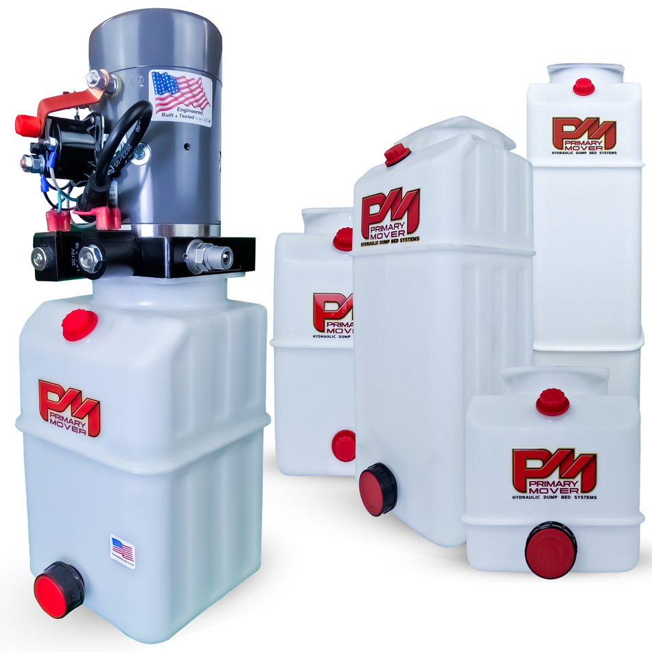 KTI 12V Double-Acting Hydraulic Pump - Poly Reservoir, featuring white containers with red buttons and black wires, designed for efficient lifting and lowering in hydraulic dump bed systems.
