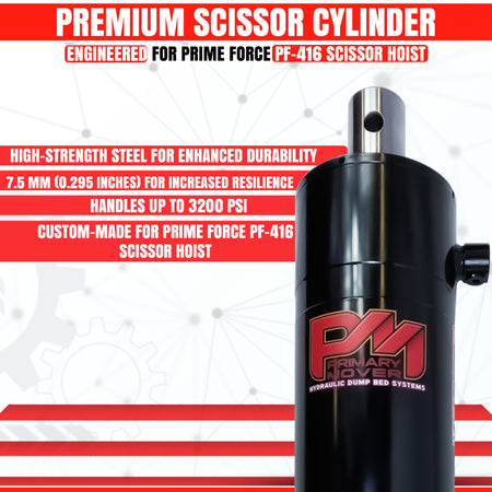 Cylinder PF-416 Dump Bed Cylinder Replacement, a black cylinder with red text, designed for high lifting capacity and durability in dump bed kits.