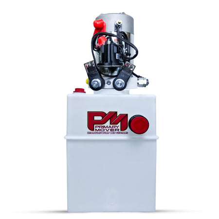 Primary Mover 12V Double-Acting Hydraulic Pump with poly reservoir, red buttons, and black-red logo, designed for hydraulic dump bed systems, offering dual-acting precision and efficiency.