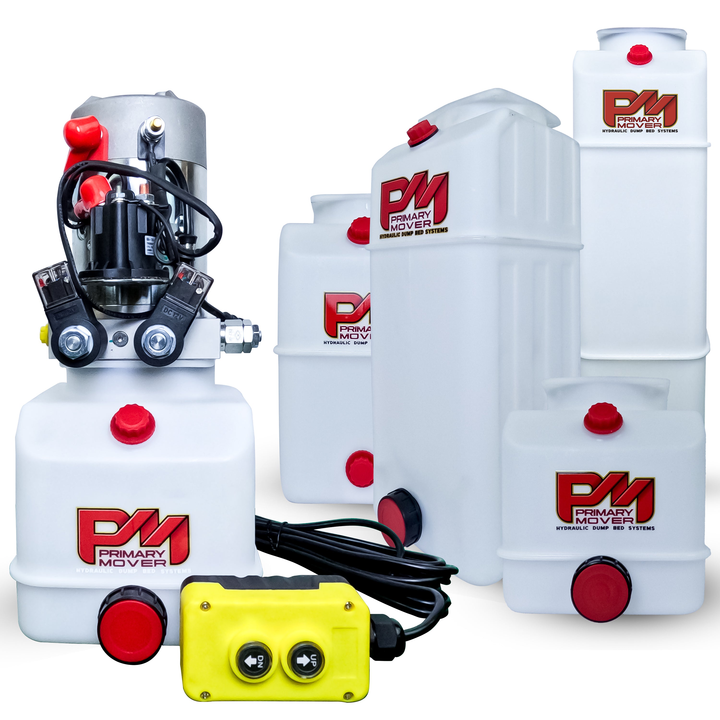 Primary Mover 12V Double-Acting Hydraulic Pump with Poly Reservoir, featuring white containers and red buttons, designed for efficient hydraulic dump bed systems.